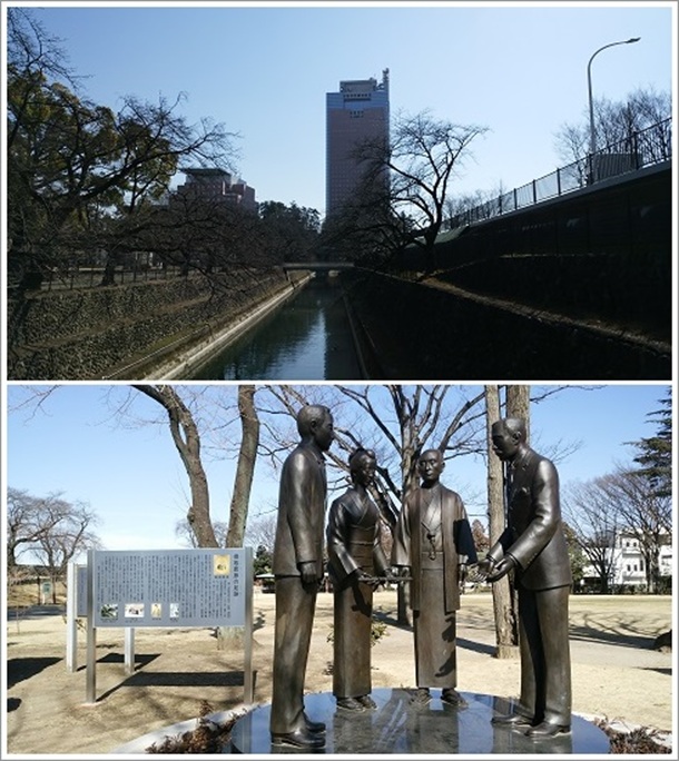 県庁と柳原放水路と楫取素彦の銅像